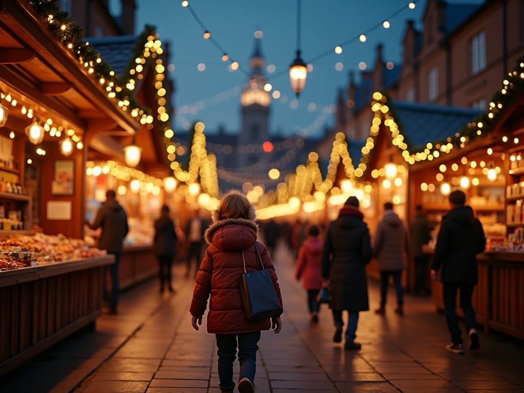 Gezin geniet van avond op Britse kerstmarkt met feestverlichting