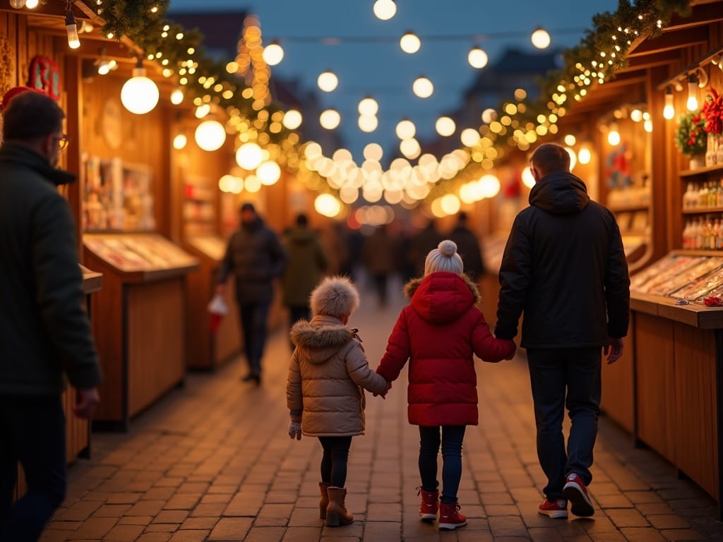 Vlaamse familie geniet van kerstmarkt met lichtjes in het VK