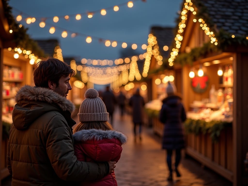 Gezin geniet van een Britse kerstmarkt bij avondlicht en feestdecoratie