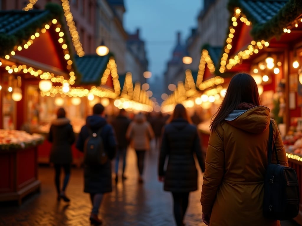 Gezin bezoekt kerstmarkt in het VK met sfeervolle avondverlichting