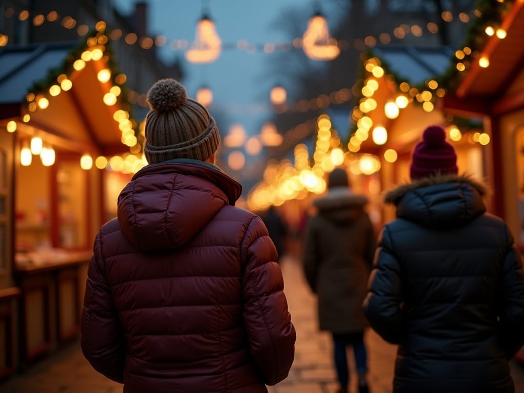 Vlaamse familie bezoekt een Britse kerstmarkt in de avond met feestverlichting