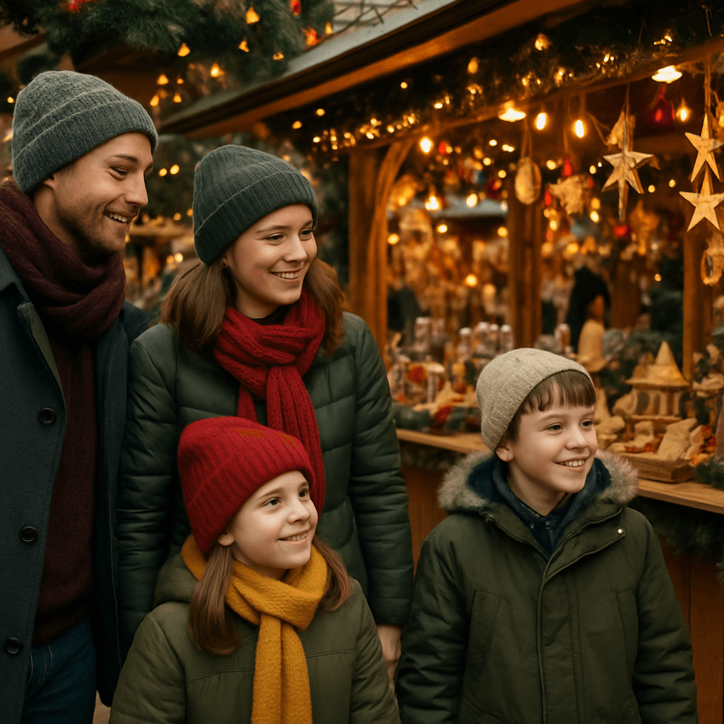 Vlaamse familie bezoekt kerstmarkt in het VK met avondverlichting