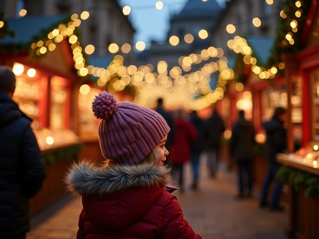 Gezin geniet van avond op een kerstmarkt in Edinburgh met feestverlichting