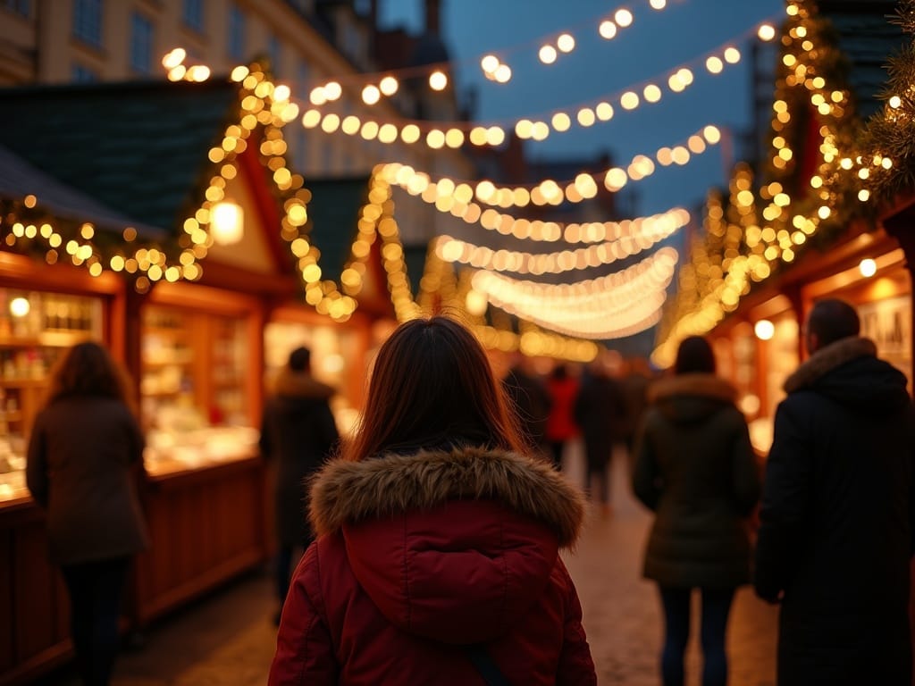 Gezin geniet van kerstmarkt in het VK bij avond, omringd door feestverlichting en kleurrijke kraampjes