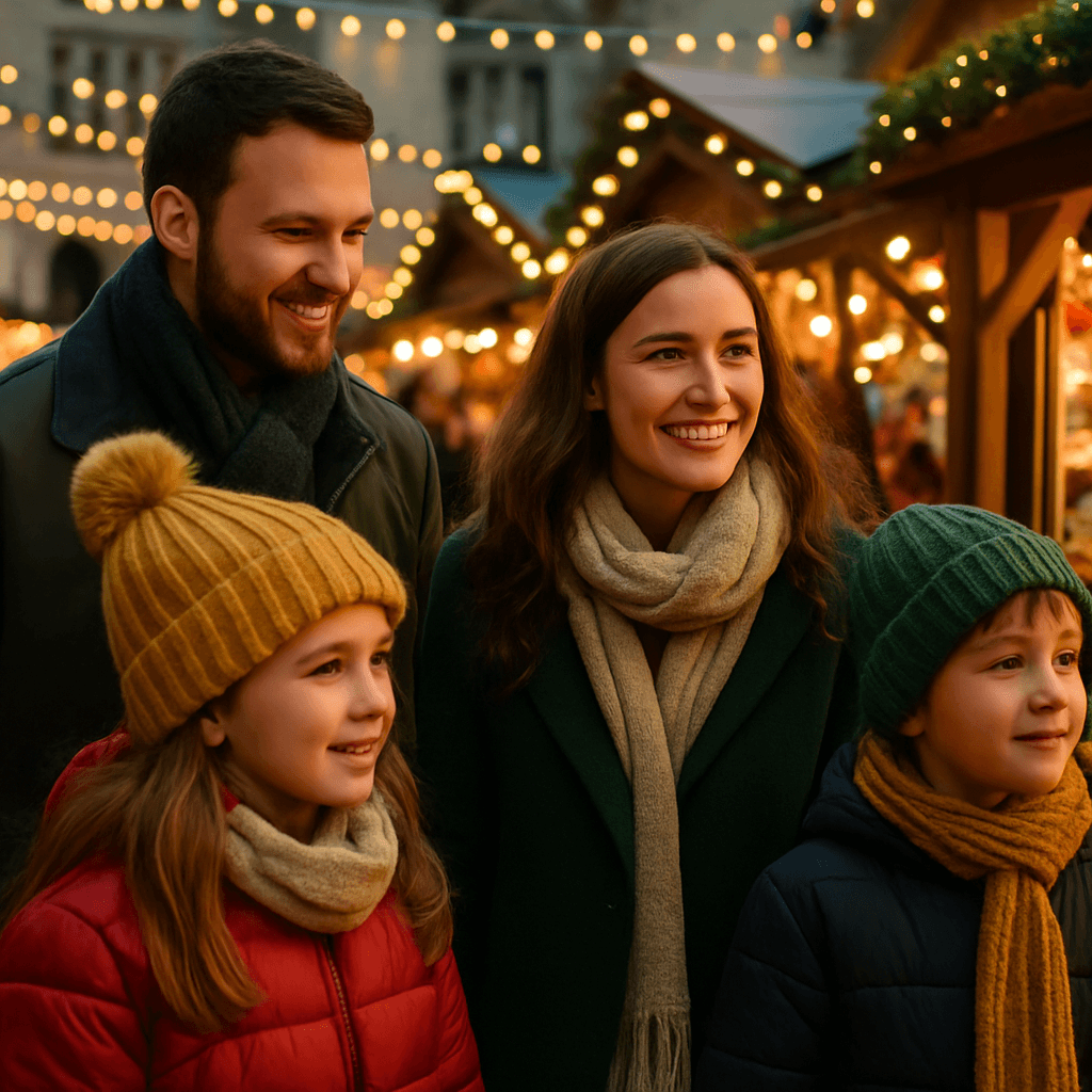 Vlaams gezin bezoekt kerstmarkt in het VK bij avondlicht en feestverlichting