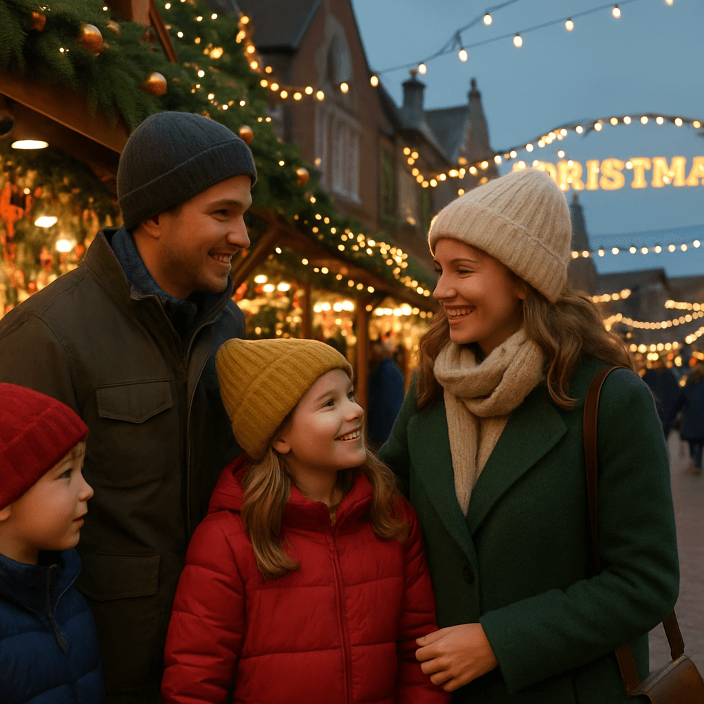 Vlaams gezin bezoekt kerstmarkt in het VK met feestverlichting in de avond