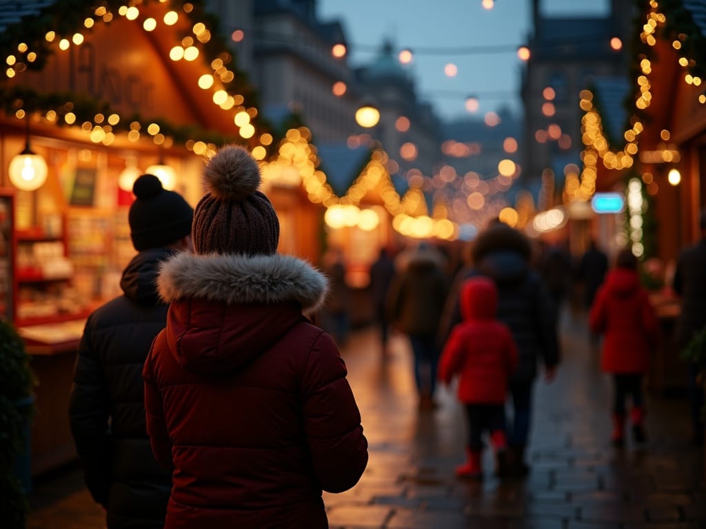 Vlaams gezin bezoekt kerstmarkt in Edinburgh bij avondlicht met feestverlichting