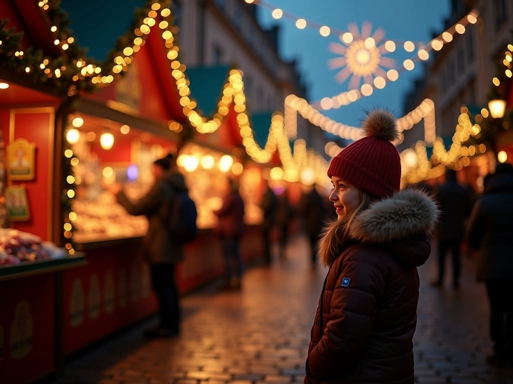 Familie bezoekt kerstmarkt in Londen bij avondlicht met feestverlichting