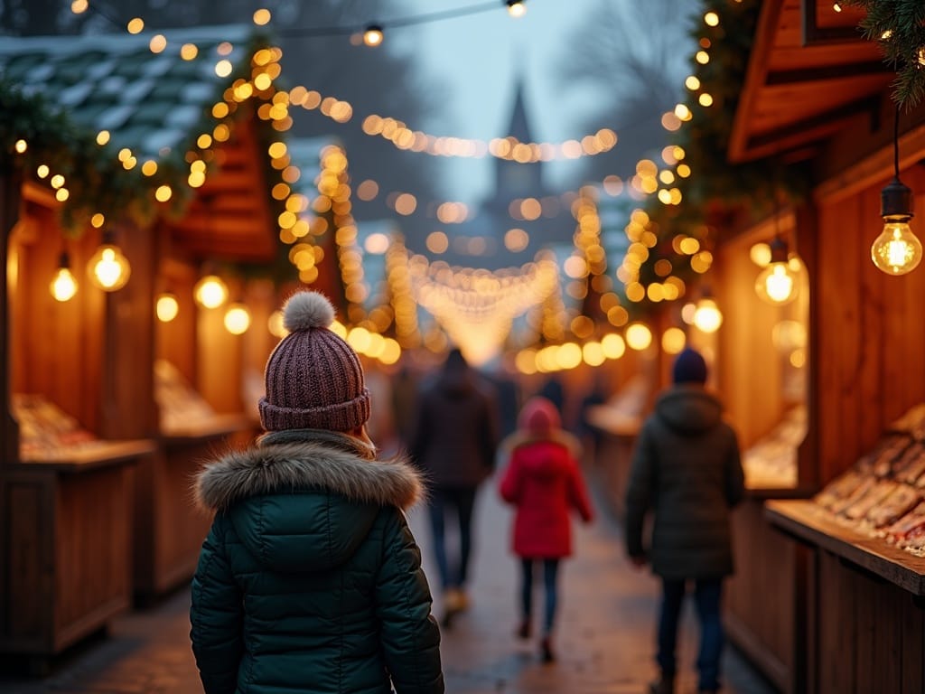 Gezin geniet van avond op Londense kerstmarkt met lichtjes en kraampjes
