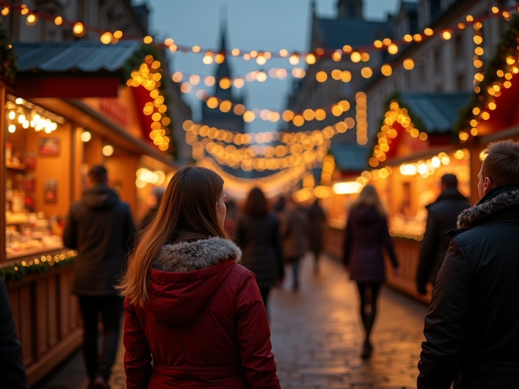Vlaams gezin bezoekt Britse kerstmarkt bij avond met lichtjes
