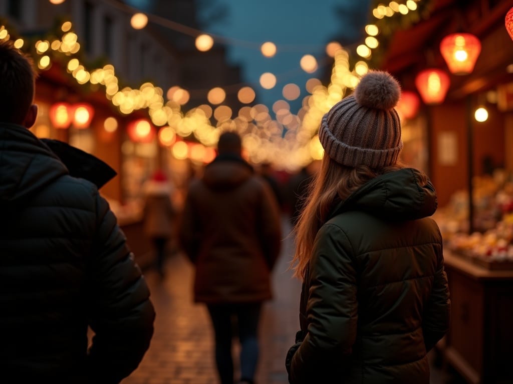 Gezin bezoekt een kerstmarkt in het VK met fonkelende lichtjes en winterkleding