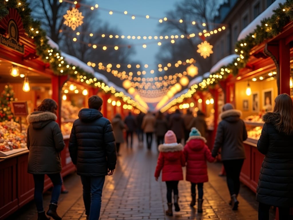 Familie bezoekt Britse kerstmarkt vol lichtjes in de avond