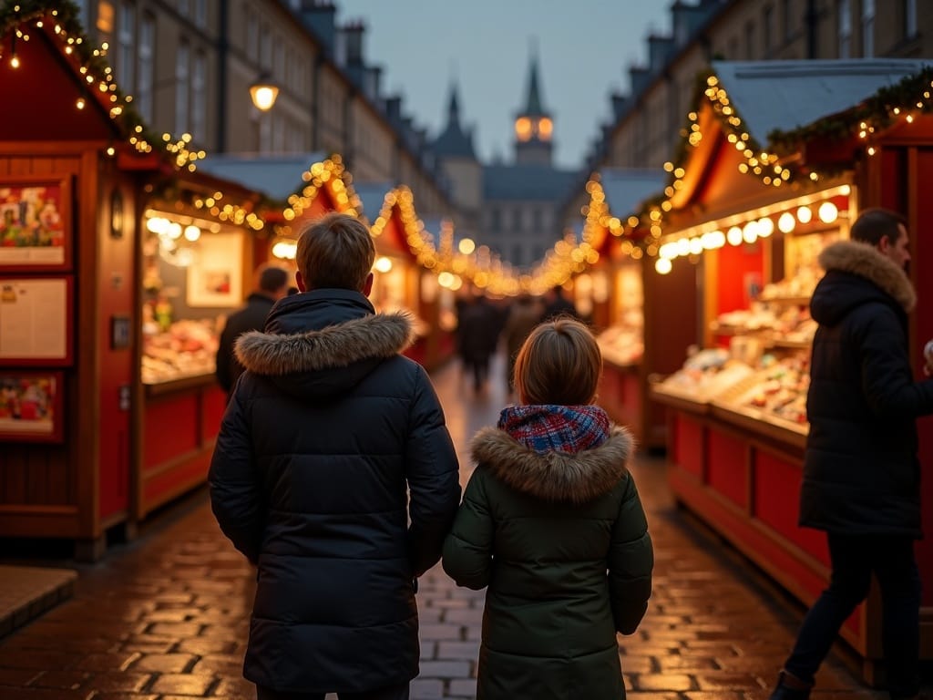 Gezin bezoekt een sfeervolle Britse kerstmarkt met lichtjes in de avond