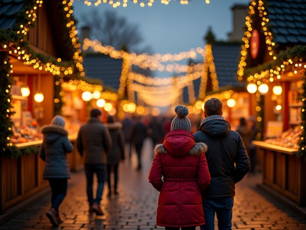 Gezin geniet van kerstmarkt in Engeland met sfeervolle avondverlichting