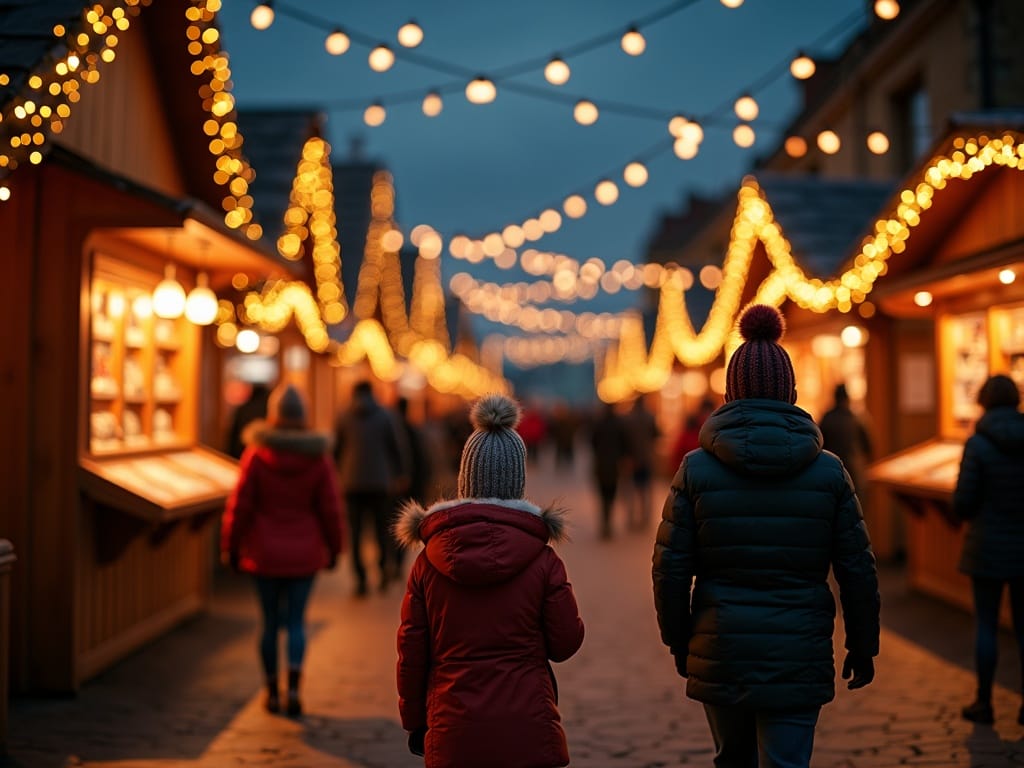 Gezin bezoekt sfeervolle kerstmarkt met lichtjes in het VK