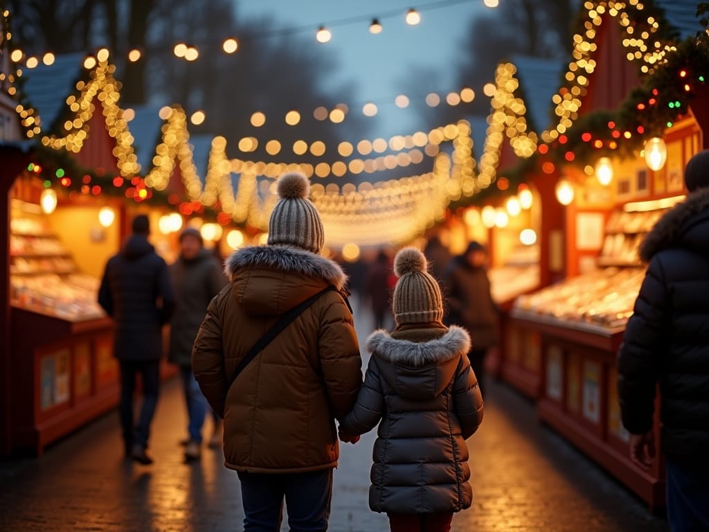 Gezin bezoekt een kerstmarkt in het VK met feestelijke verlichting