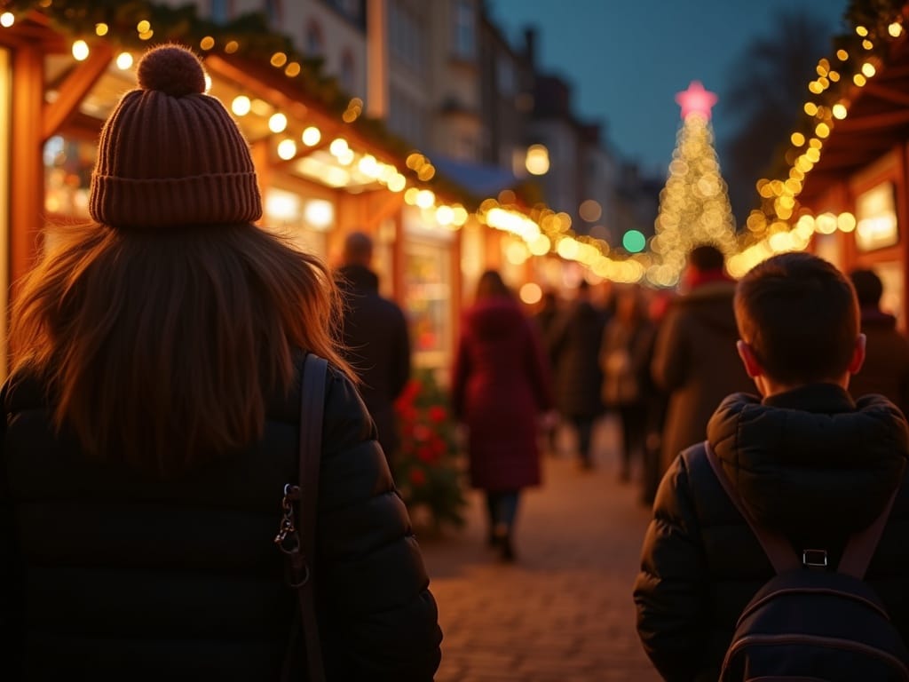 Vlaams gezin bezoekt een kerstmarkt in het VK bij avond met rode, groene en gouden lichtjes