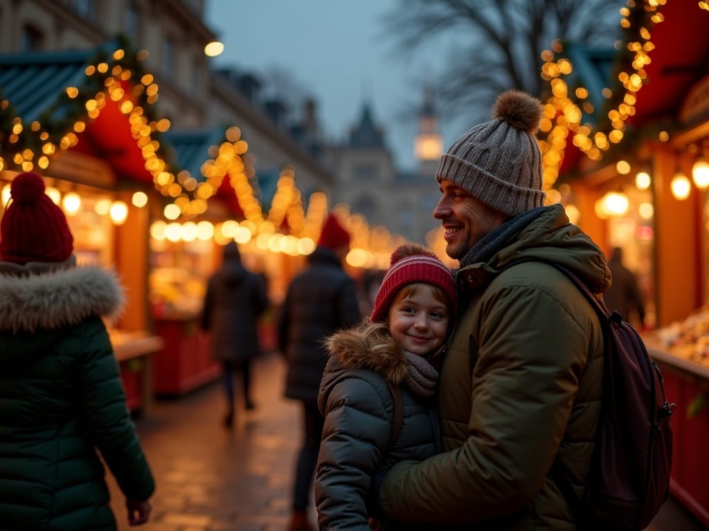 Vlaams gezin bezoekt 's avonds een kerstmarkt in Londen met fonkelende lichtjes