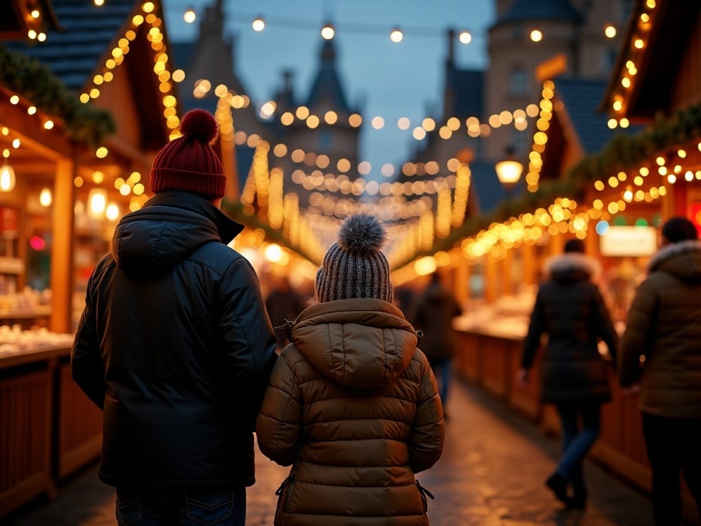 Vlaams gezin geniet van sfeervolle kerstmarkt in Londen bij avondlicht