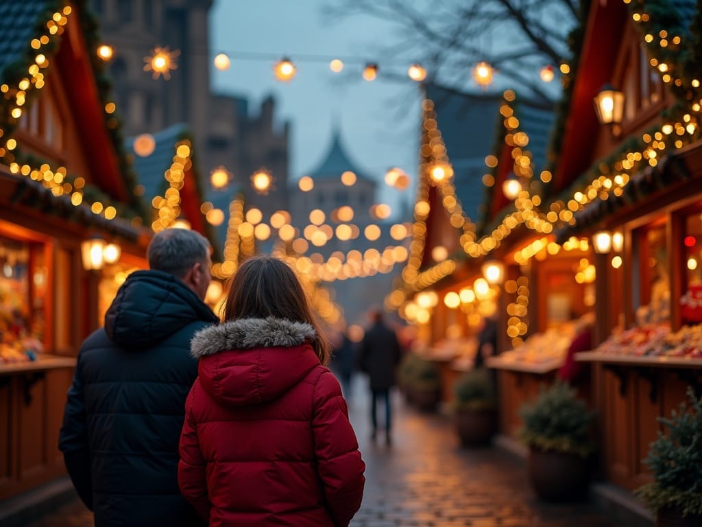 Vlaams gezin bezoekt Britse kerstmarkt bij avondlicht met feestdecoratie