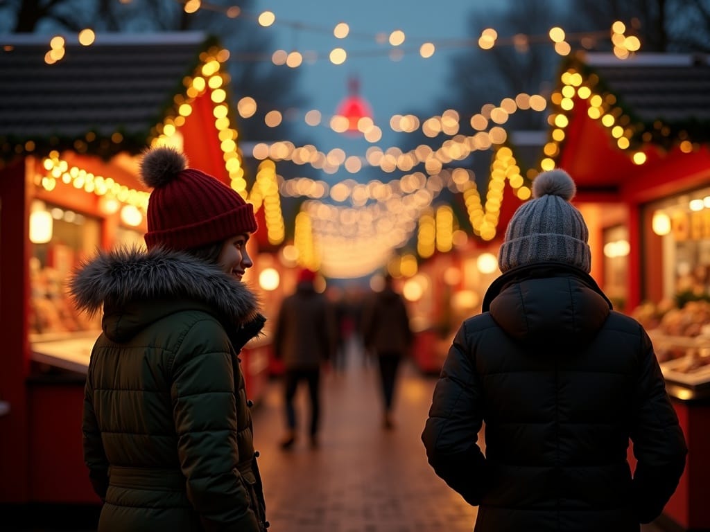 Gezin bezoekt een Britse kerstmarkt 's avonds met feestverlichting