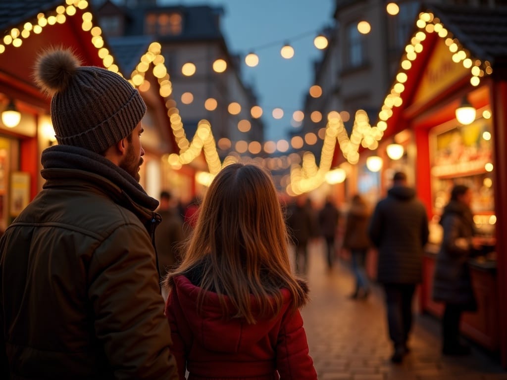 Gezin geniet van een avond op een Britse kerstmarkt met lichtjes en kraampjes