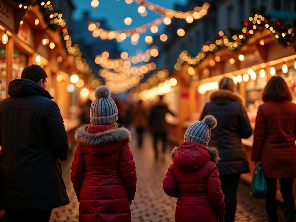 Familie bezoekt een sfeervolle kerstmarkt in Edinburgh bij avondlicht