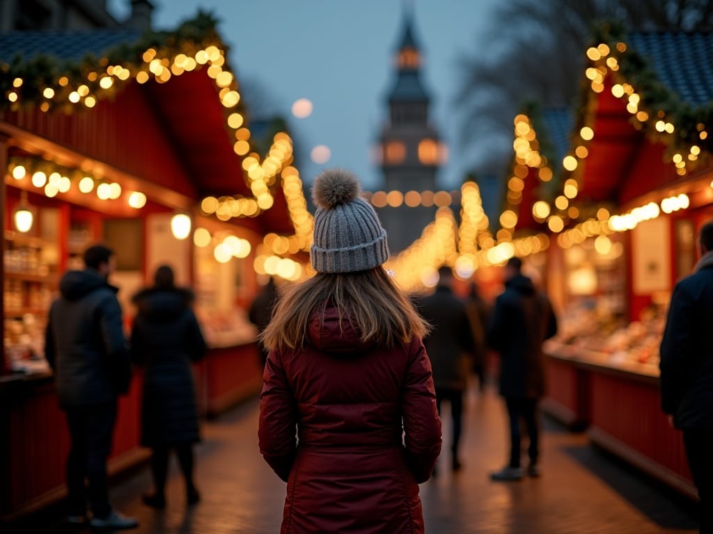 Gezin bewondert lichtjes op een Britse kerstmarkt in de avond