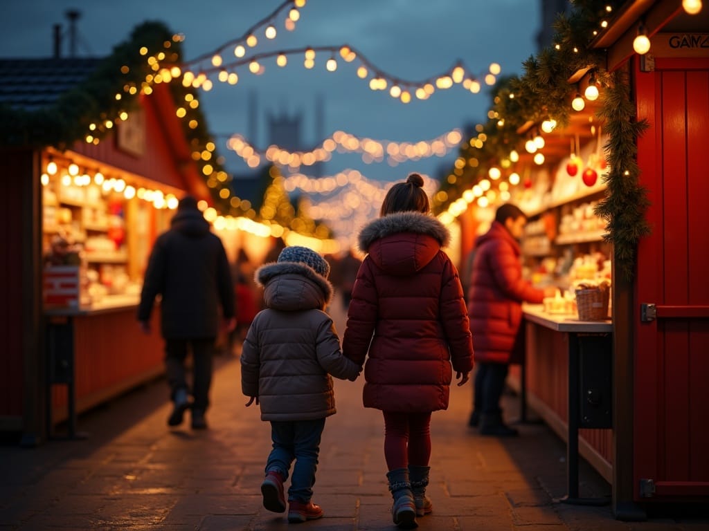Gezin wandelt langs kraampjes op een Britse kerstmarkt bij avondlicht