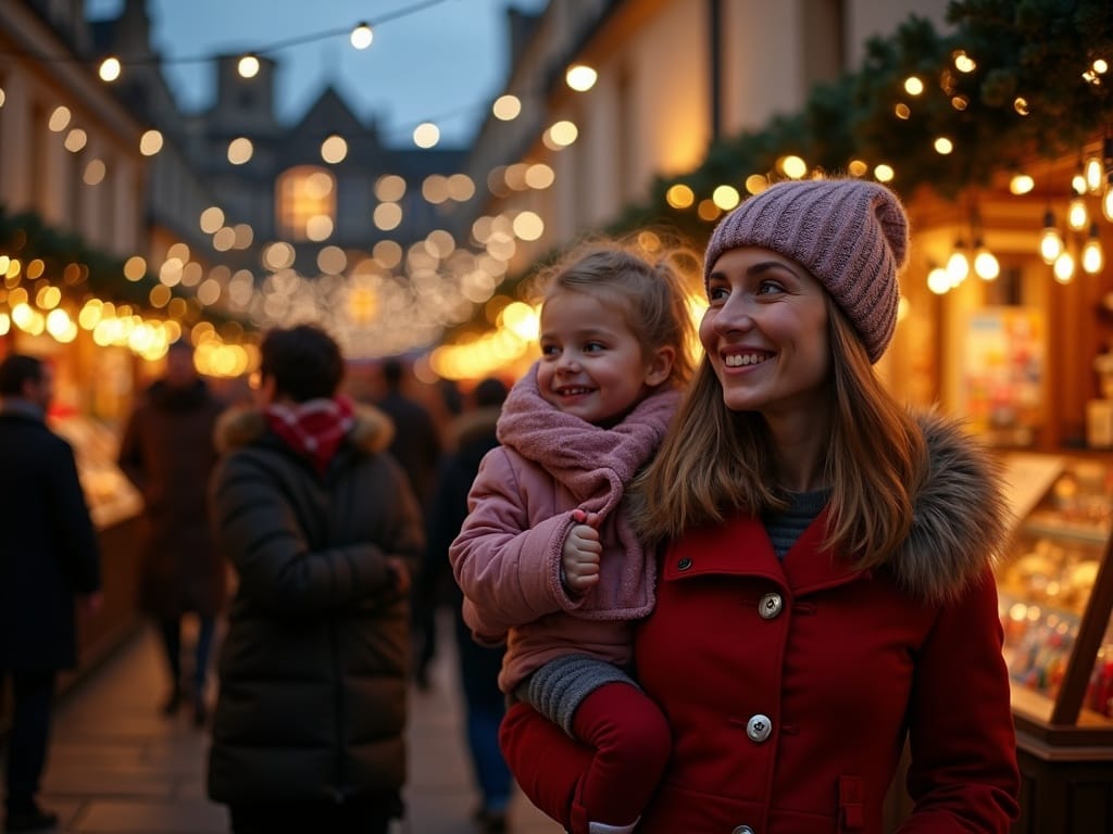 Gezin geniet van sfeervolle kerstmarkt met lichtjes in het Verenigd Koninkrijk