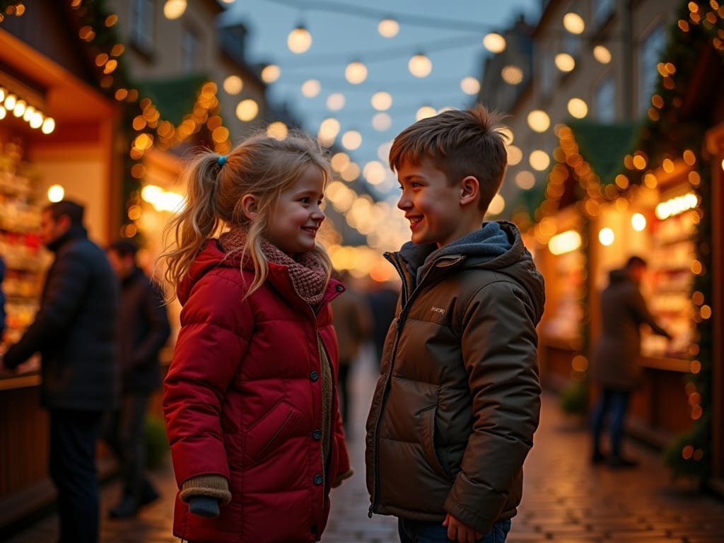 Gezin bezoekt kerstmarkt in Engeland met avondverlichting en sfeervolle kraampjes