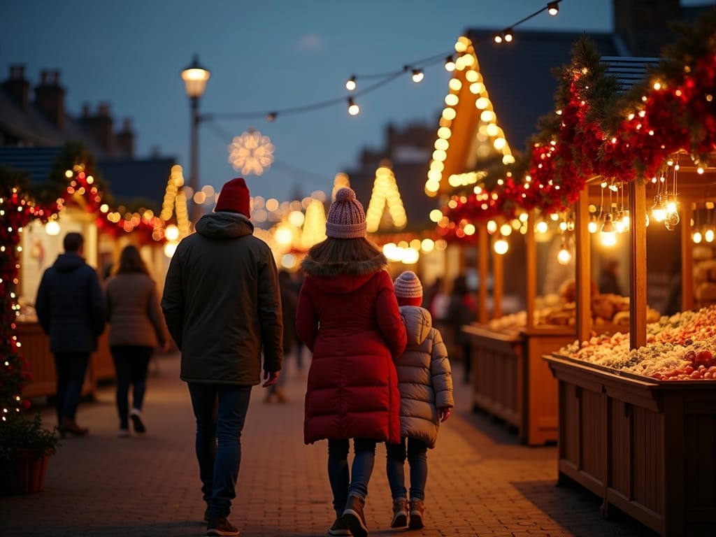 Gezin geniet van de sfeer op een Engelse kerstmarkt met avondverlichting