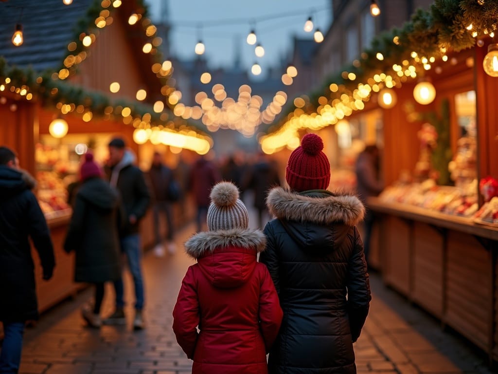 Vlaams gezin bezoekt kerstmarkt in het VK bij avondlicht met feestversiering