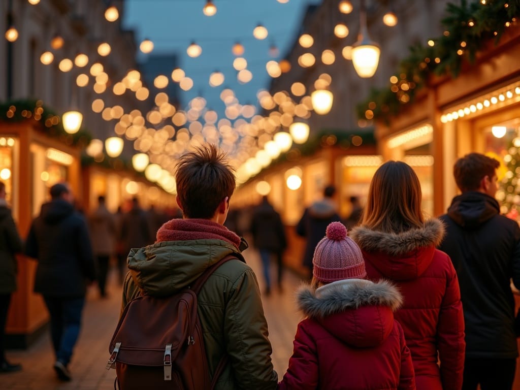 Vlaams gezin bezoekt buiten kerstmarkt in het VK bij avondlicht met feestelijke verlichting