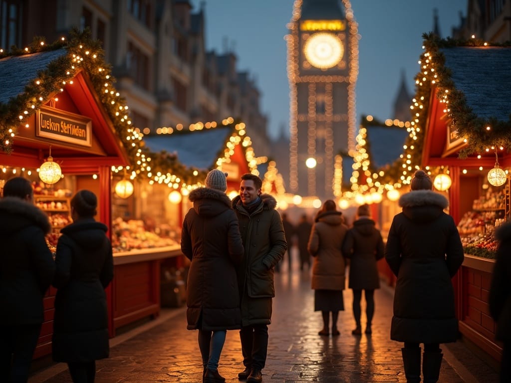 Vlaamse familie geniet van kerstmarkt in Londen bij avondlicht