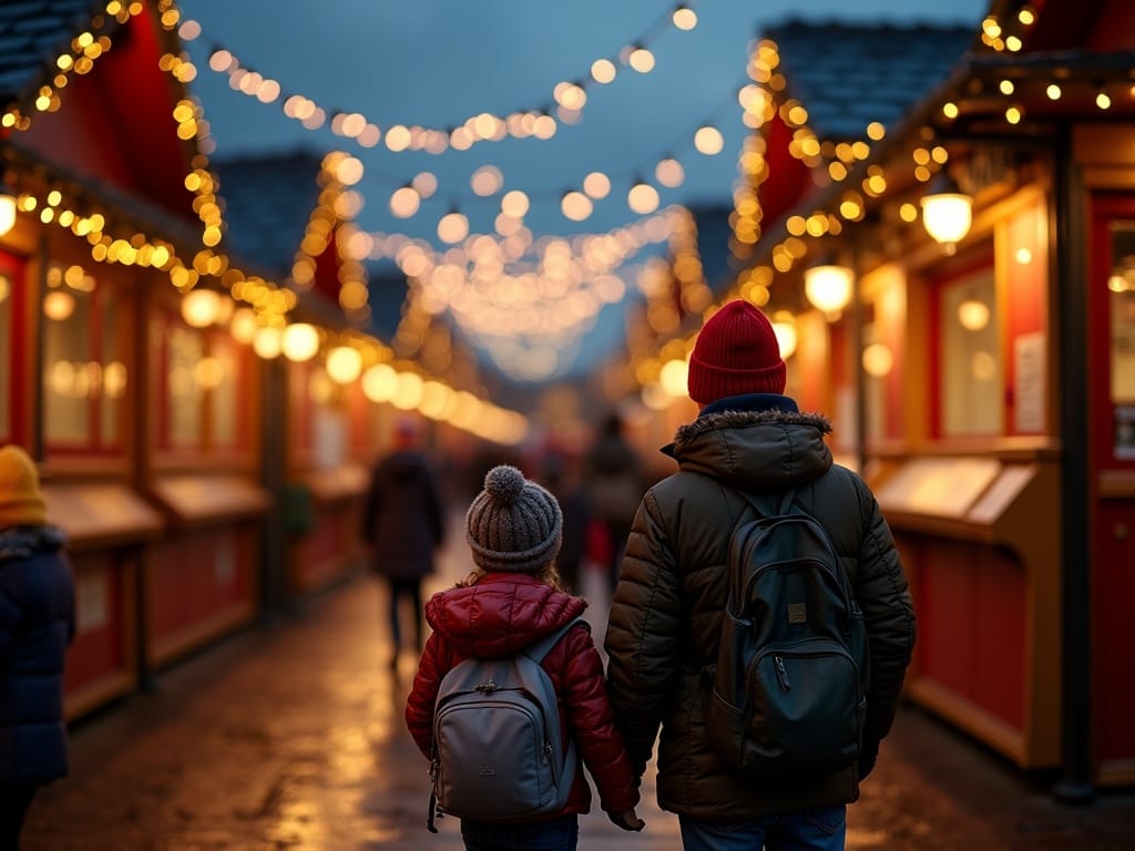 Gezin bezoekt kerstmarkt in het VK met lichtjes en decoraties