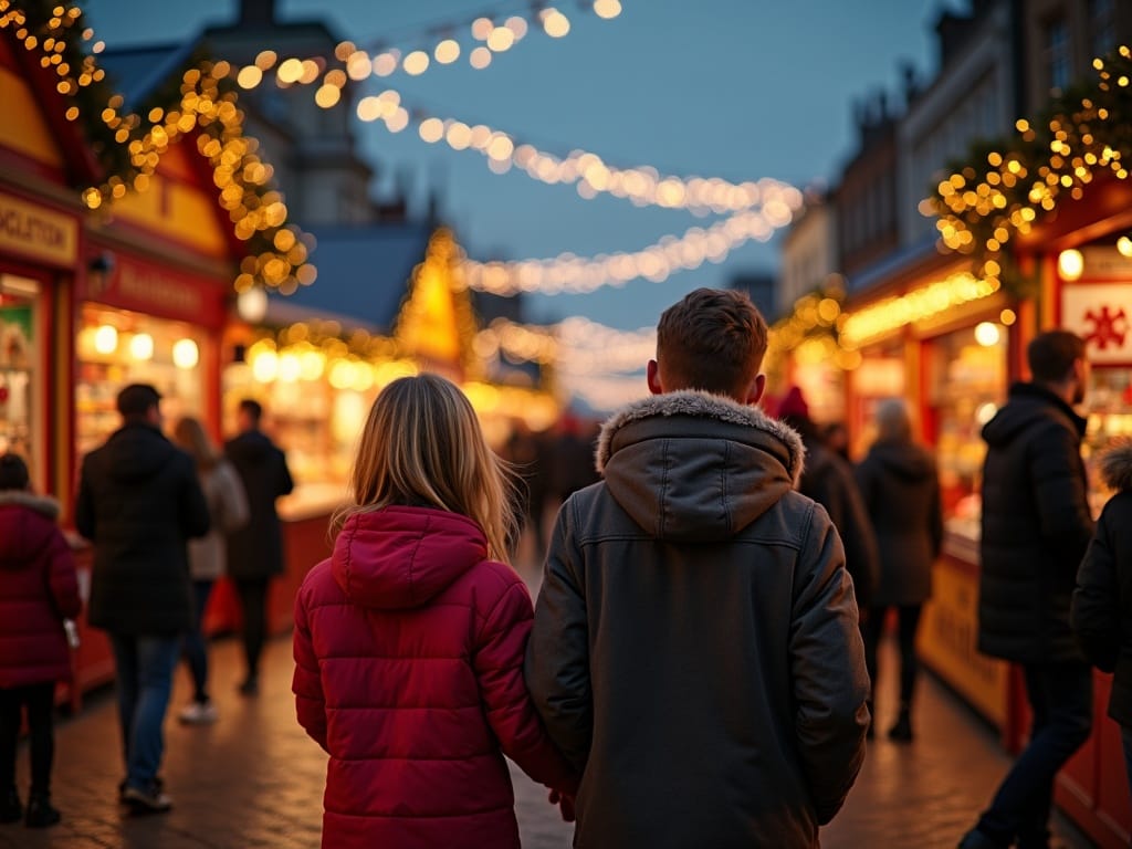 Vlaamse familie bezoekt feestelijke kerstmarkt in Engeland met lichtjes