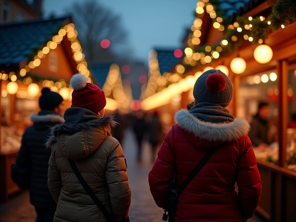 Gezin bezoekt Britse kerstmarkt 's avonds onder feestverlichting