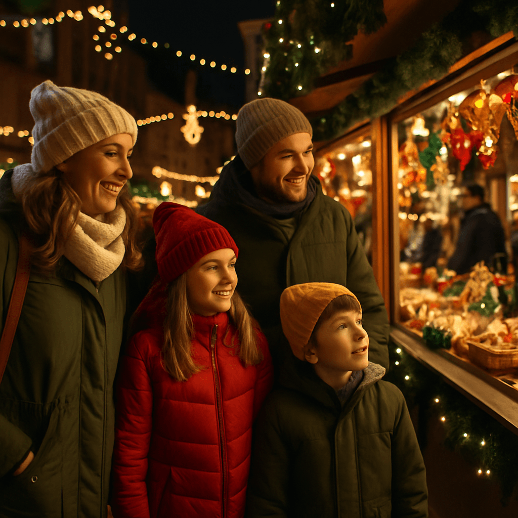 Vlaams gezin bezoekt kerstmarkt in het VK bij avondlicht met feestverlichting