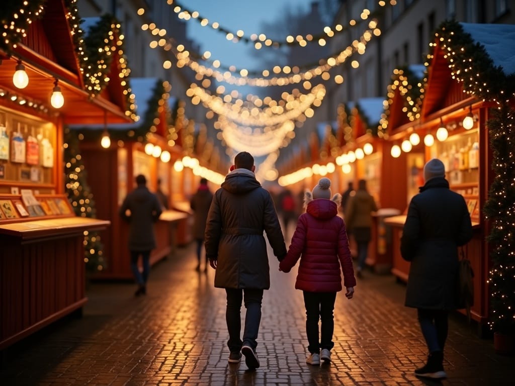 Gezin bezoekt gezellige kerstmarkt in Londen met feestverlichting rond avond