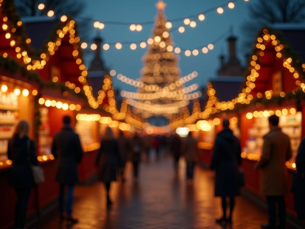 Vlaams gezin bezoekt kerstmarkt in het VK onder feestverlichting