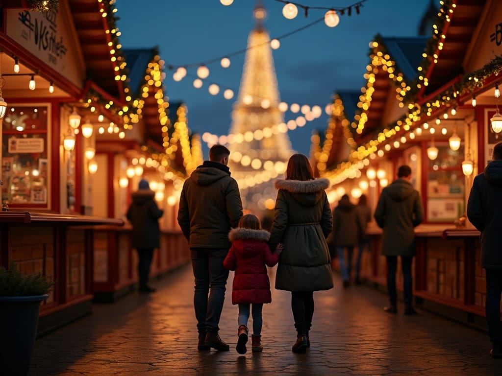 Vlaamse familie bezoekt 's avonds een kerstmarkt in Londen met feestverlichting