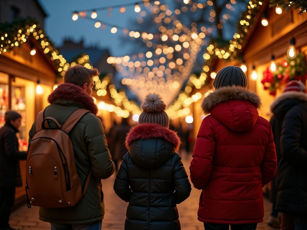 Vlaamse familie bezoekt een feestelijke kerstmarkt in het VK met lichtjes en decoratie