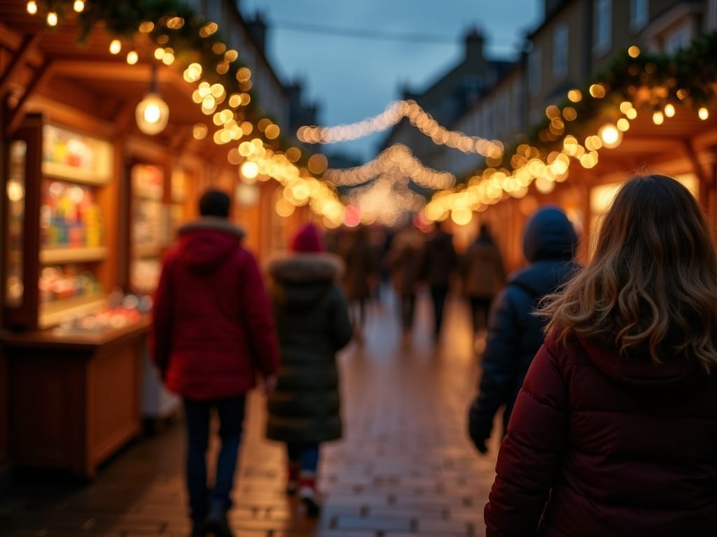 Familie geniet samen van feestelijke UK kerstmarkt in avondlicht