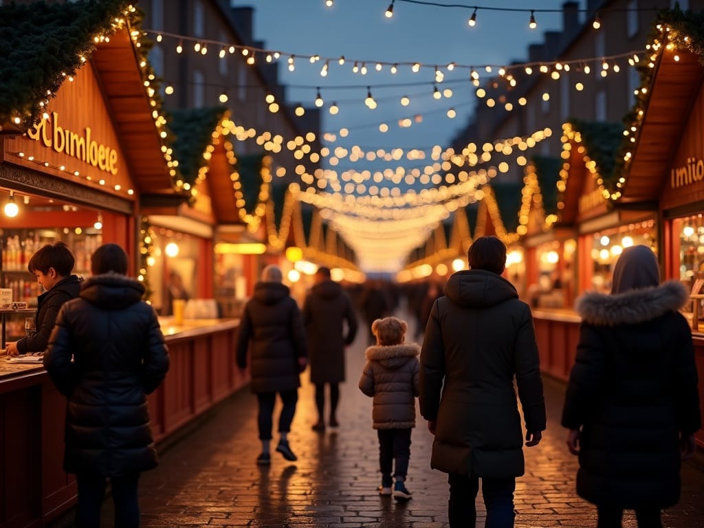 Gezin geniet van de kerstmarkt in Edinburgh met feestverlichting en kraampjes