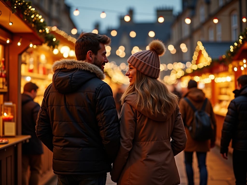 Familie geniet van sfeervolle kerstmarkt in Engeland met lichtjes en kraampjes