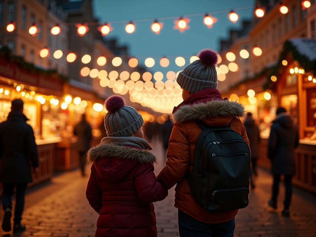 Vlaams gezin bezoekt een Engelse kerstmarkt vol lichtjes en kraampjes