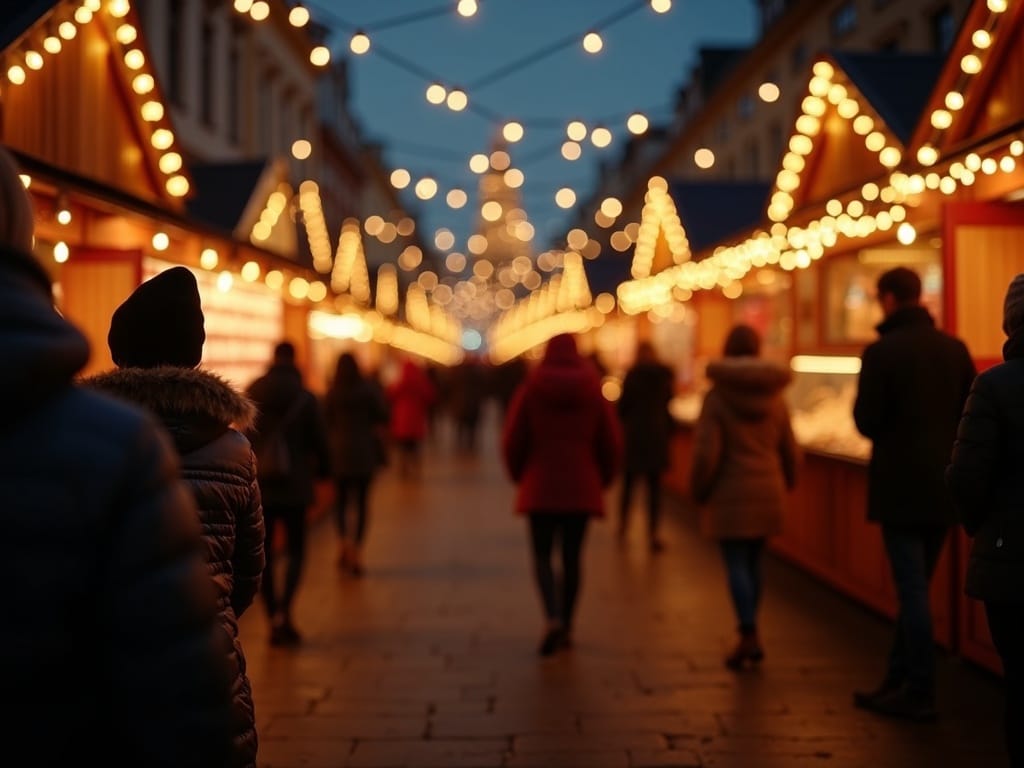 Vlaams gezin bezoekt Britse kerstmarkt bij avondlicht met versieringen