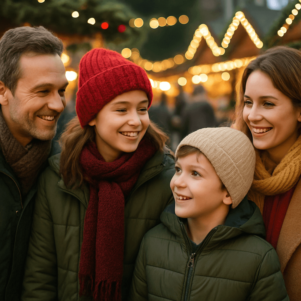 Vlaams gezin bezoekt kerstmarkt in het VK bij avondlicht