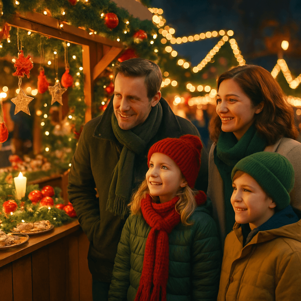 Vlaamse familie geniet van kerstmarkt in Engeland met avondverlichting